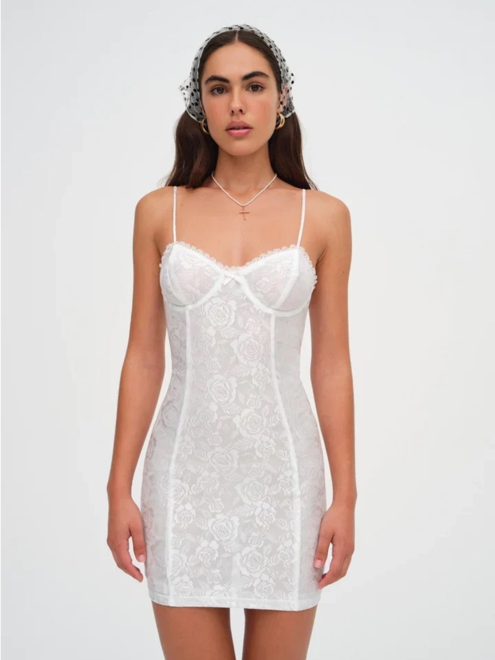 For Love& Lemons White Lace Slip Dress with Floral Overlay